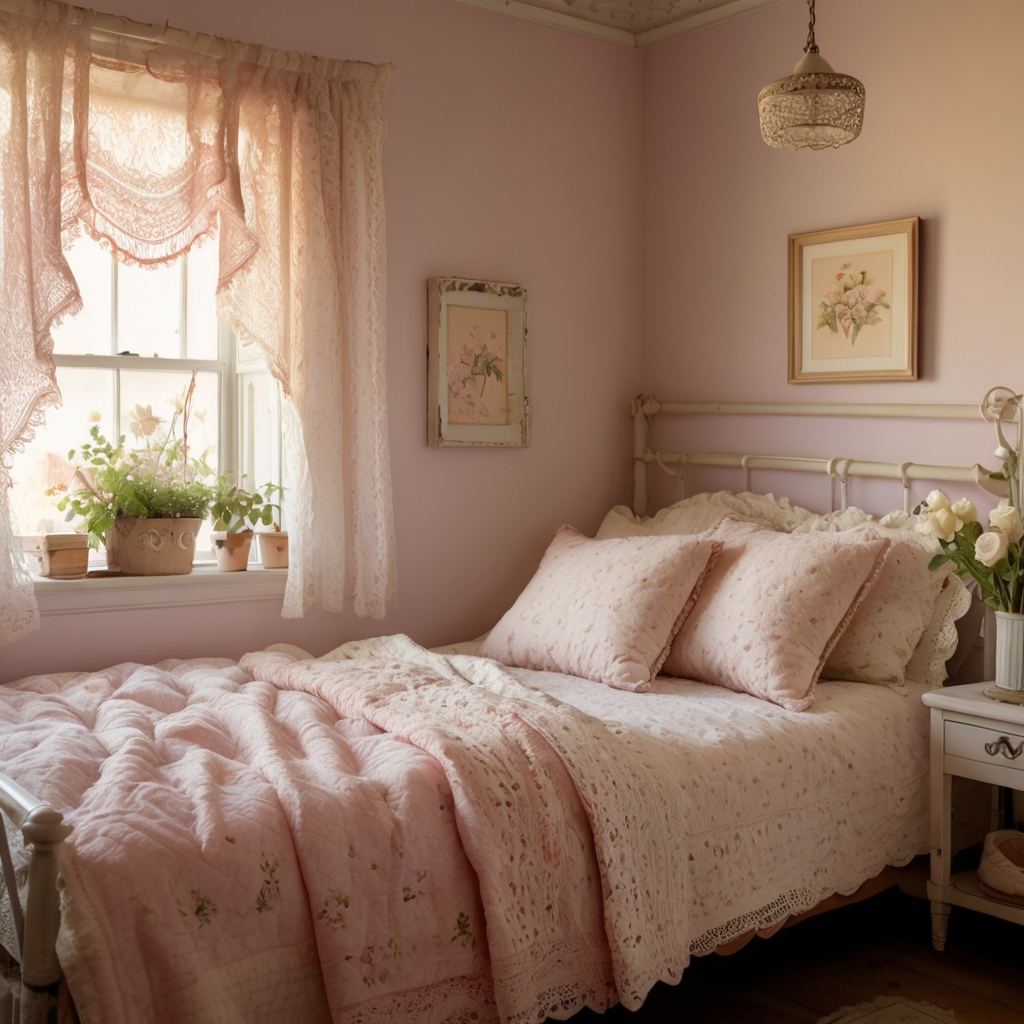 Floral and lace bedding in soft pastel tones, warmly lit. Retro details create a nostalgic atmosphere.