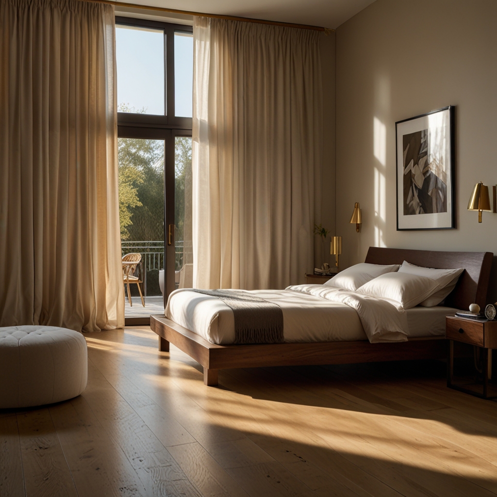 A cozy, high-end bedroom featuring white Egyptian cotton linens and soft, natural lighting. Warm bedside light adds a welcoming, relaxed vibe to the space.