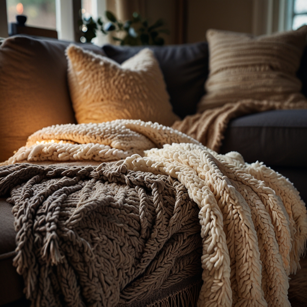 Warm, plush blankets draped over a couch and armchair add comfort. Soft lighting enhances the inviting, snuggle-ready atmosphere.