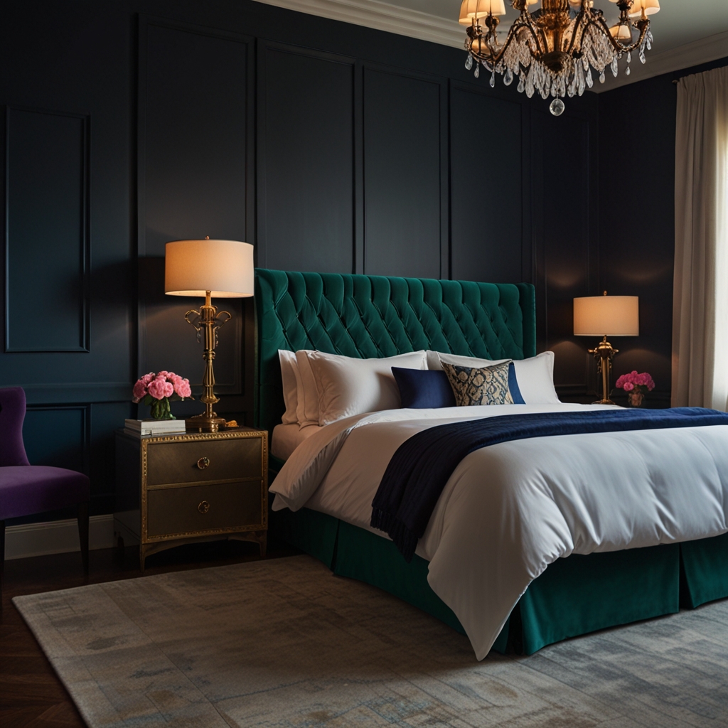 Bedroom with luxurious bedding in jewel tones of emerald and sapphire. Soft lighting highlights the rich colors, creating an elegant, cozy space.