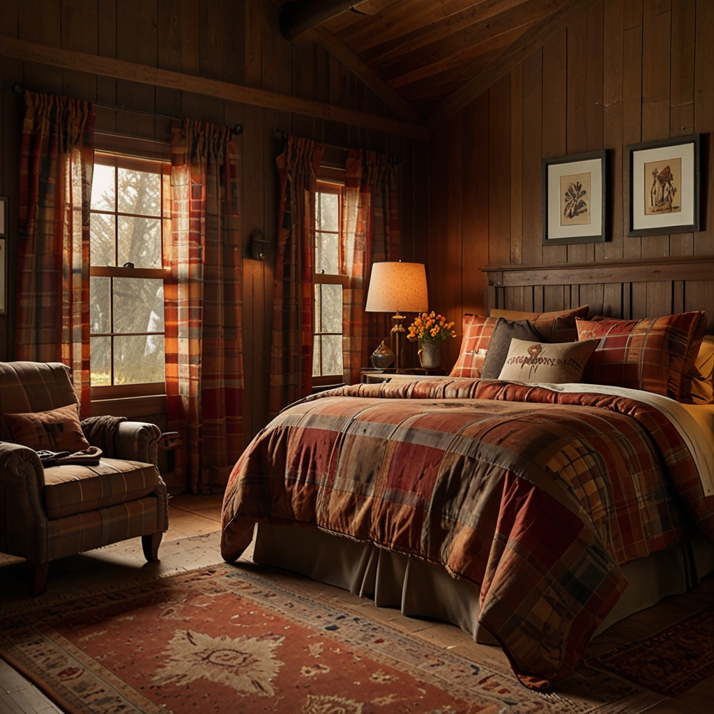 Bedroom with elegant throw pillows in gold and blush tones on a plush bed. Soft lighting creates a warm, inviting atmosphere.

