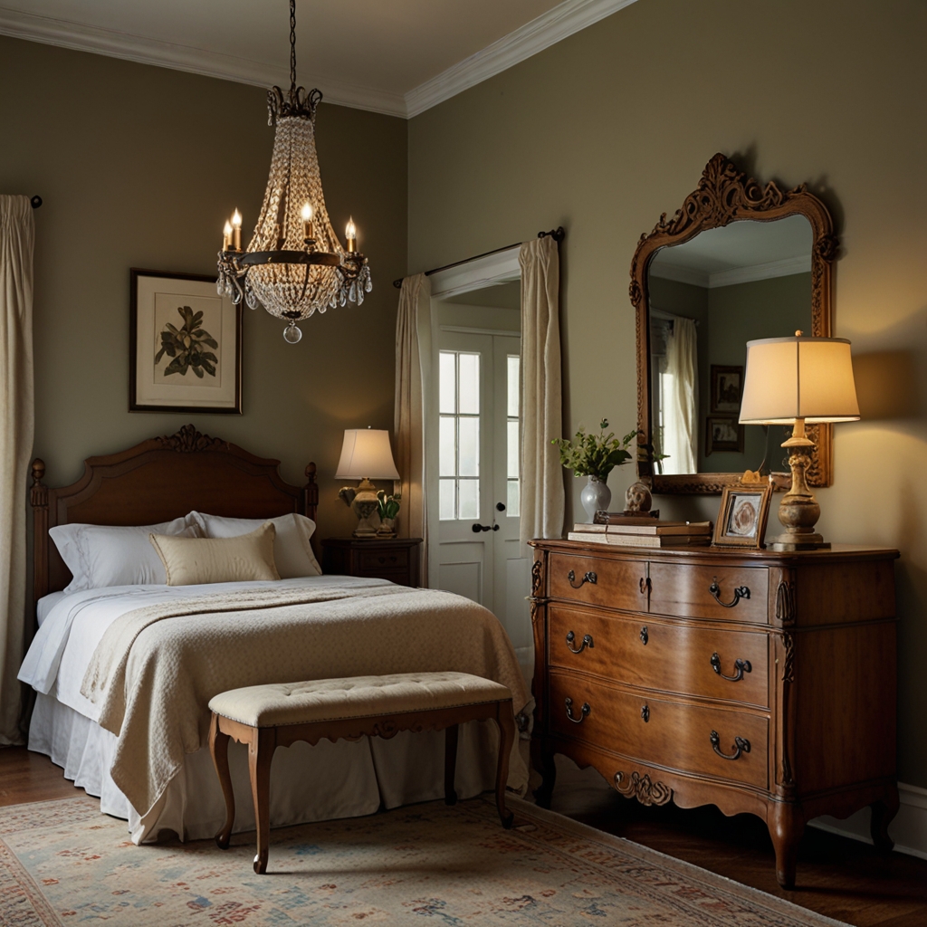 Bedroom featuring vintage furniture with a cozy, nostalgic feel. Soft light enhances the warm tones of the antique wood, creating an intimate setting.