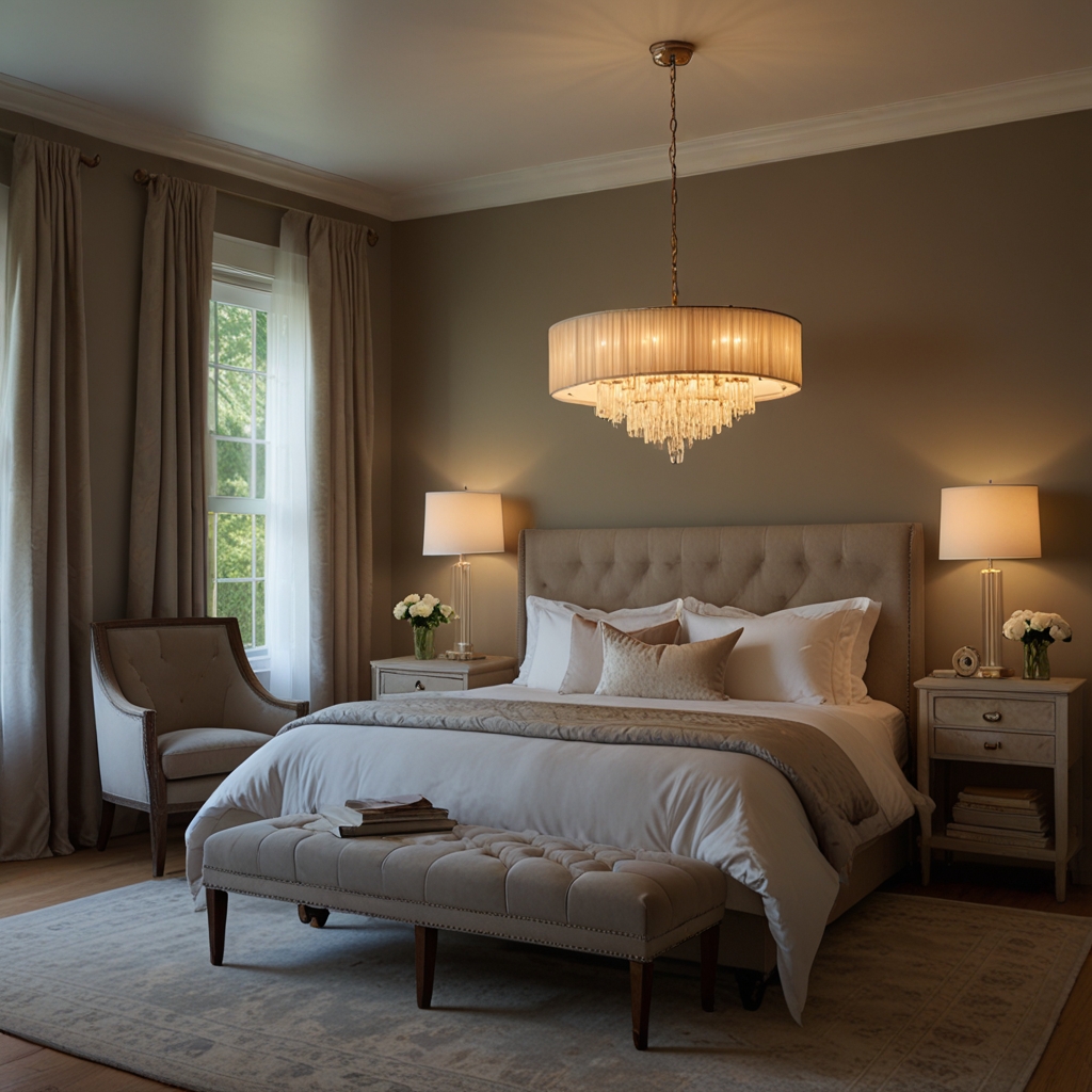 A sophisticated bedroom with layered lighting from a chandelier and bedside lamps. Sunlight filters in, creating gentle shadows on the floor and velvet armchair.