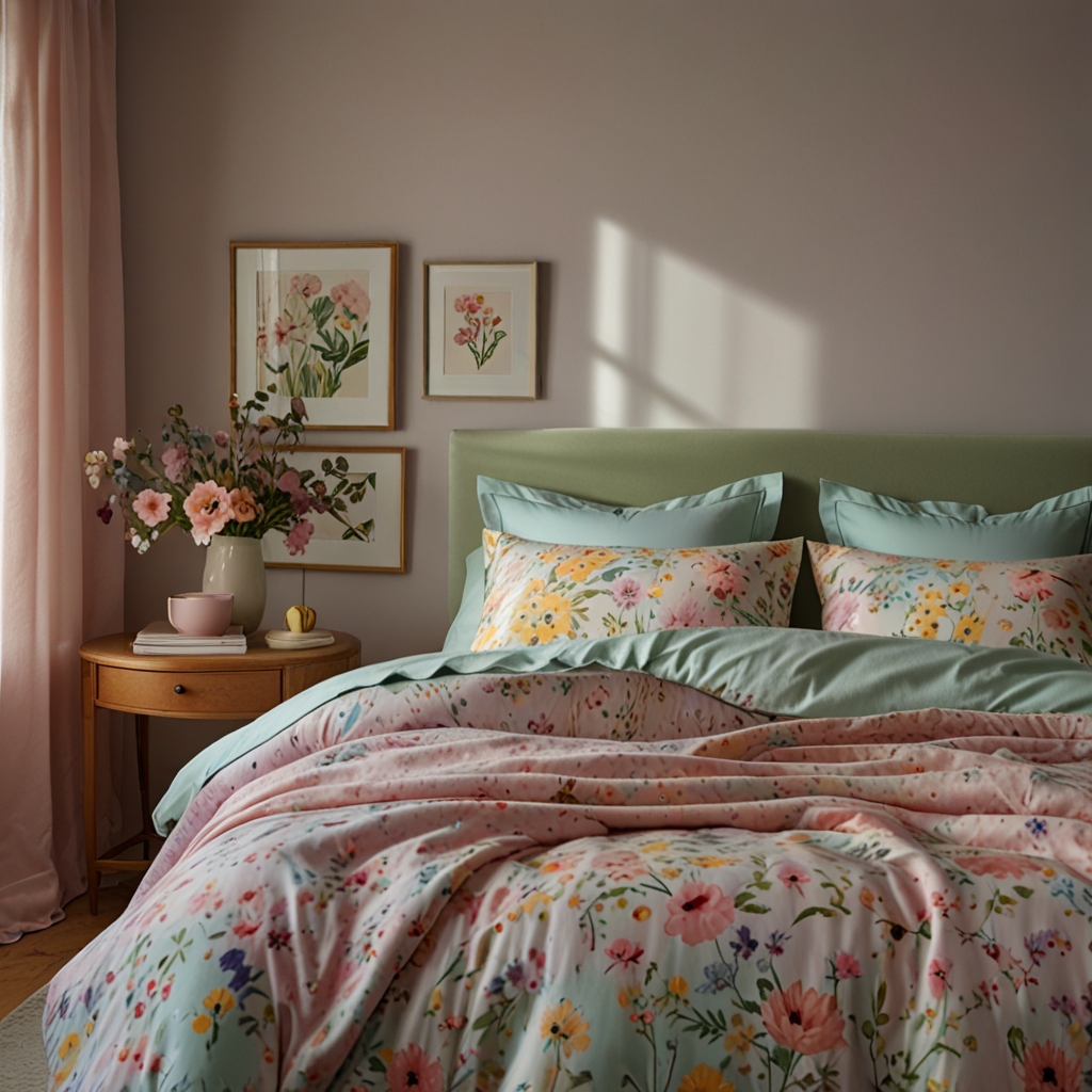 Pastel bedding with floral patterns, softly lit by natural light. Creates an ethereal, airy room ambiance.