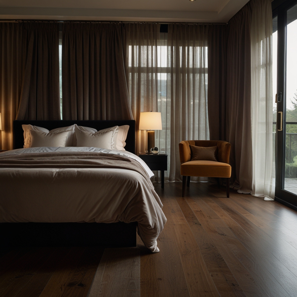 Elegant bedroom with floor-length velvet curtains and a plush, neutral-toned bed. Morning sunlight through sheer curtains creates a soft, calming atmosphere.