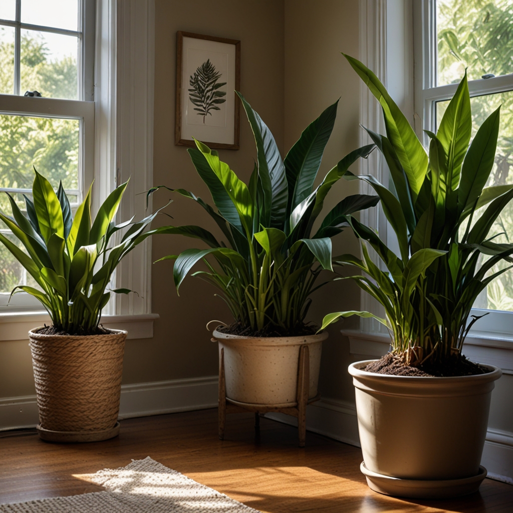 Green indoor plants, including ferns and snake plants, bring nature indoors. Gentle natural light adds to the room's relaxing, earthy feel.