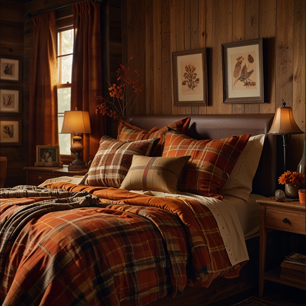 Plaid bedding in autumn shades, warmly lit for a cozy cabin feel. Shot from an angle to capture textures.