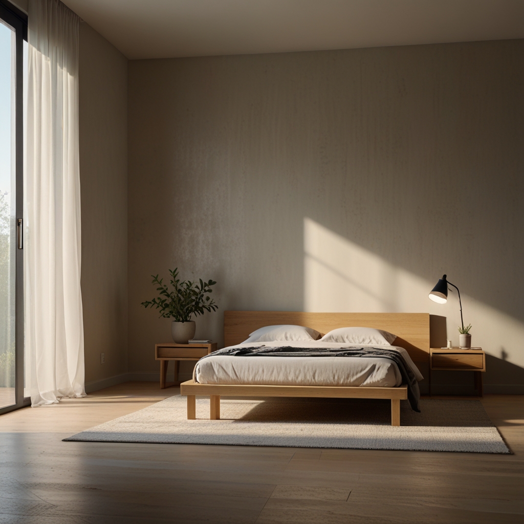 A modern, minimalist bedroom with a floating nightstand and sleek platform bed. Sunlight illuminates the clean lines, creating a serene, airy feel.