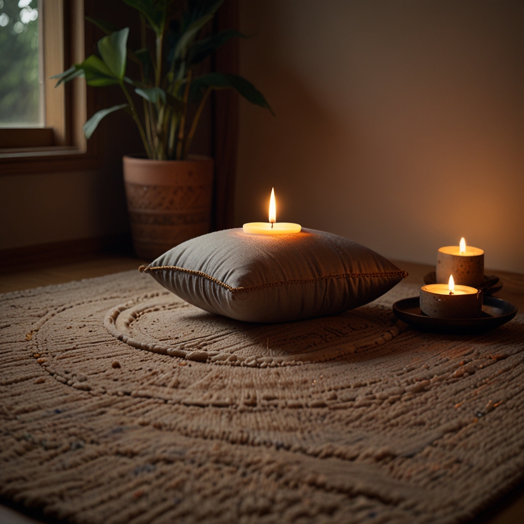 A meditation nook with plush cushions, incense, and a candle exudes tranquility. Soft lighting sets a peaceful mood, ideal for mindfulness.