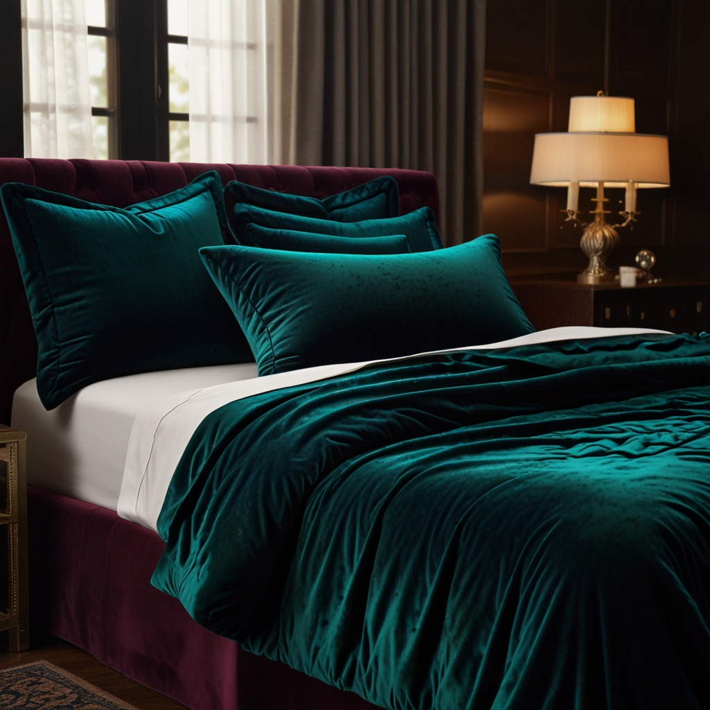 Rich velvet bedding in deep jewel tones, softly lit. Low angle enhances the luxurious, elegant look.