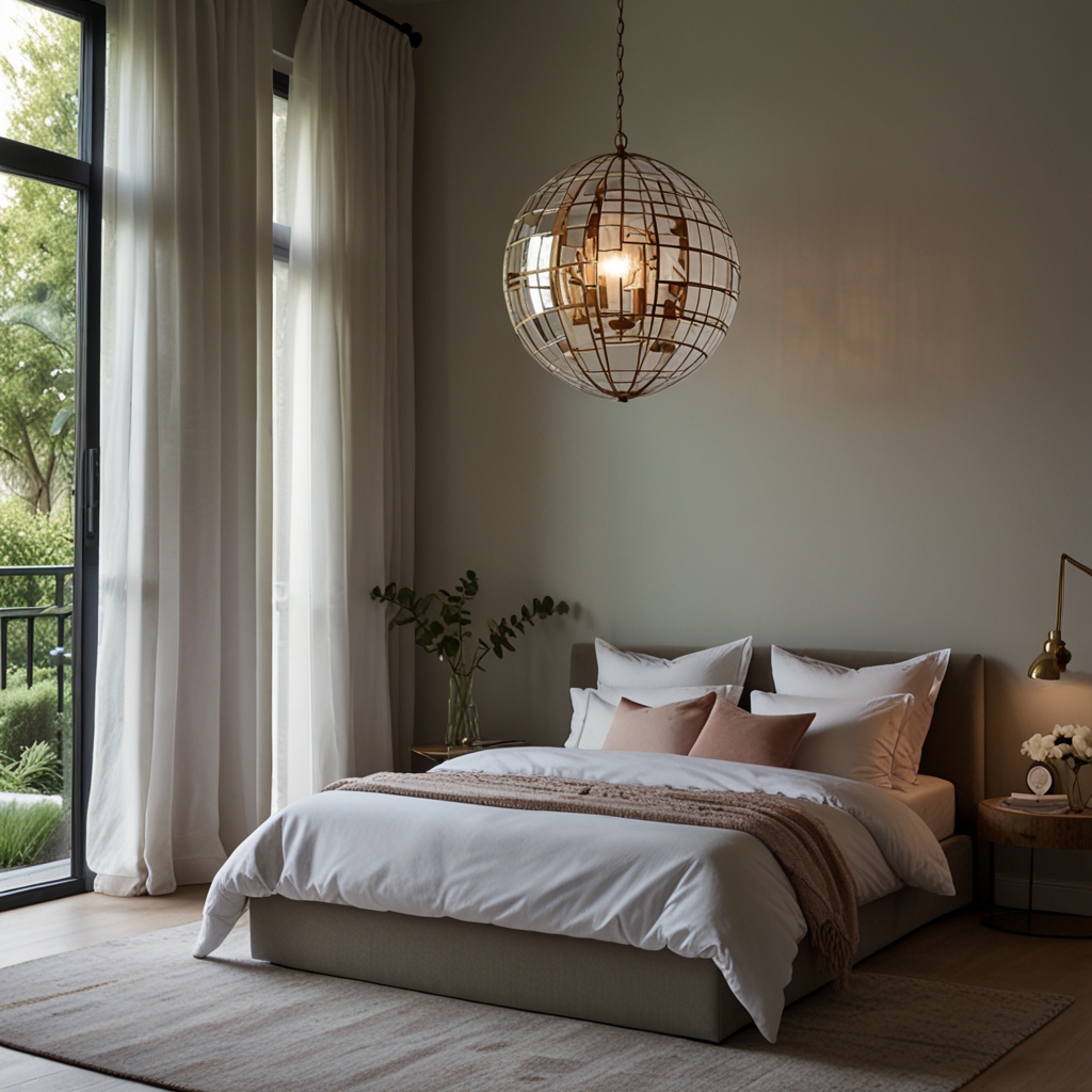 A contemporary bedroom with mirrored accents reflecting soft, natural light. Neutral-toned bedding and subtle shadows enhance the open, airy feel.