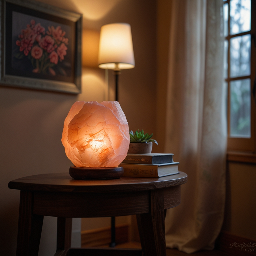 A pink-hued Himalayan salt lamp casts a warm, calming glow in the corner. The gentle lighting creates a serene and purifying atmosphere.