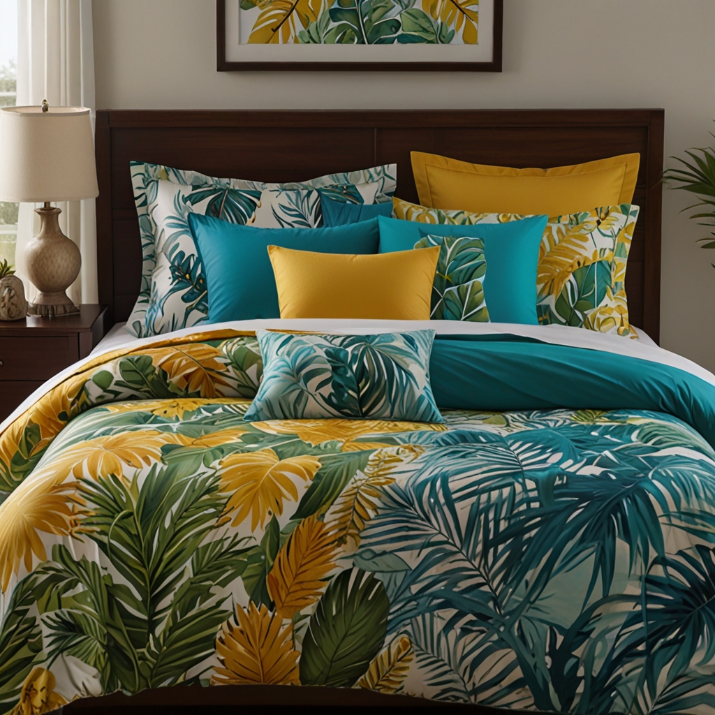 Palm-printed bedding in vibrant greens and turquoise. Bright natural light for a refreshing, vacation feel.