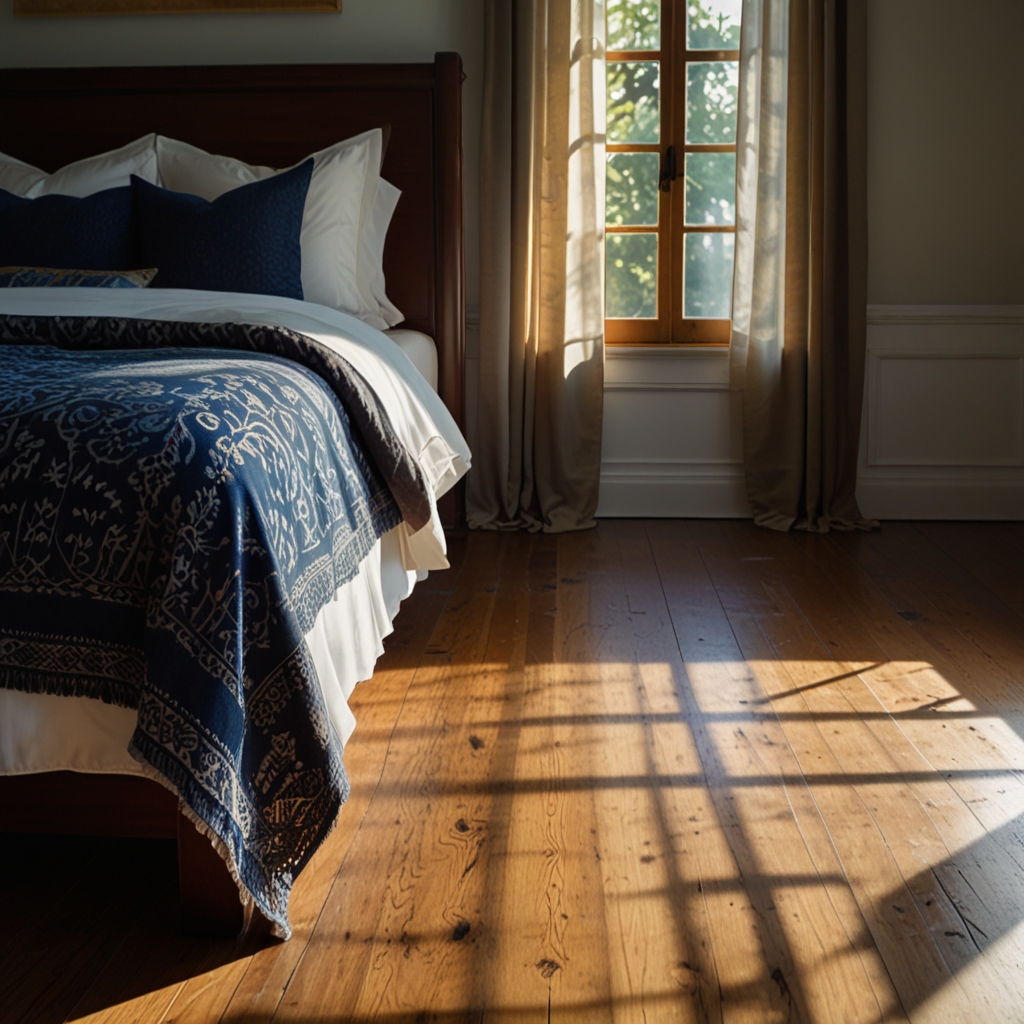 Cozy bedroom with a bold-patterned rug and luxurious white bedding. Afternoon sunlight streams through sheer curtains, casting gentle shadows on the rug.