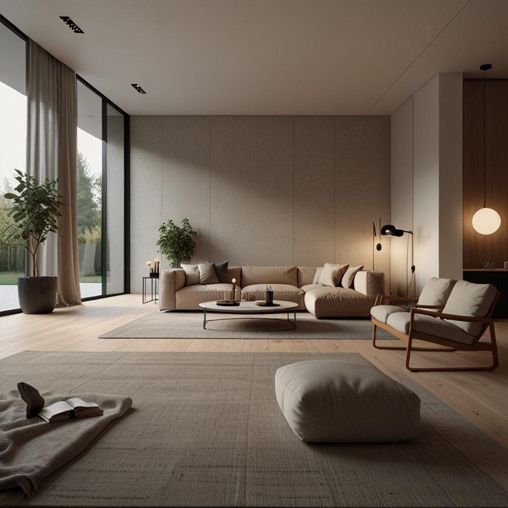 A simple room with minimal furniture and clean lines promotes relaxation. Soft, even lighting enhances the peaceful, spacious feel.