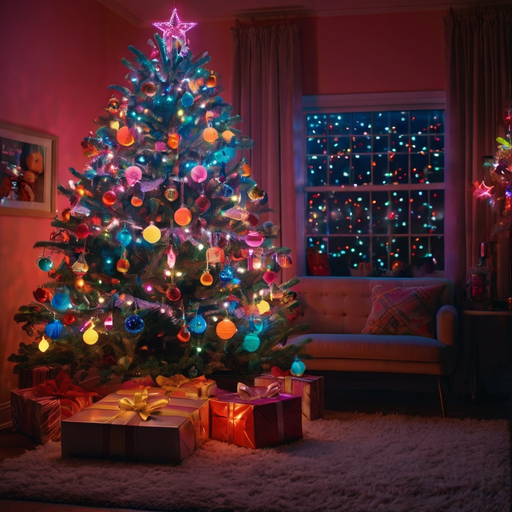 A Christmas tree adorned with neon-colored ornaments and metallic tinsel captures the bold 1980s vibe. Flashing lights and geometric decor add to the retro, vibrant feel.