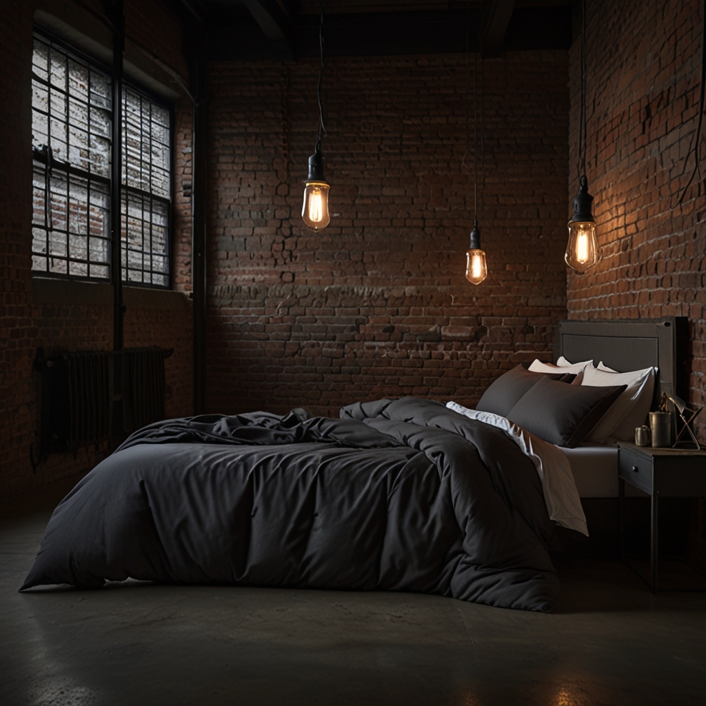 Dark bedding paired with exposed brick accents. Strong directional light adds a city-inspired, edgy vibe.