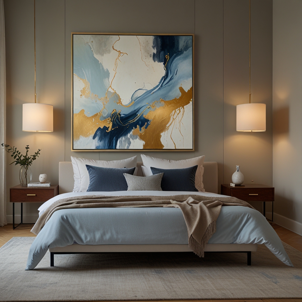 Bedroom with a large abstract painting above the bed, softly illuminated by a table lamp. Soft natural light creates a peaceful, inviting space.