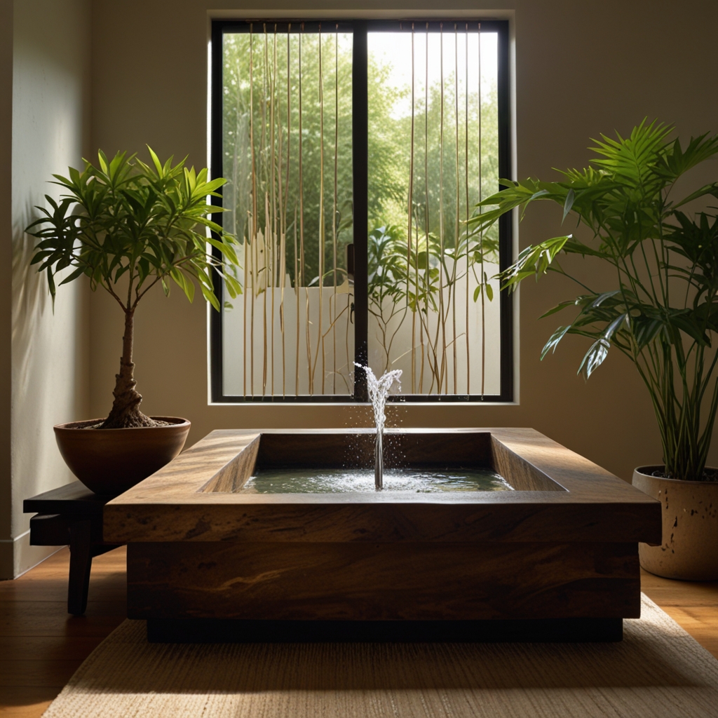 Wind chimes and a small water fountain create a meditative soundscape. Natural light highlights the serene, stress-relieving environment.