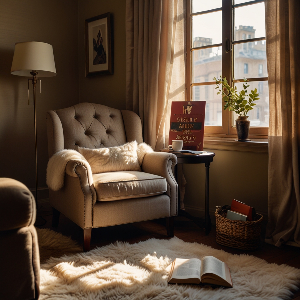 A cozy reading nook in the corner of the hotel room, with an armchair, rug, and a collection of romantic novels.