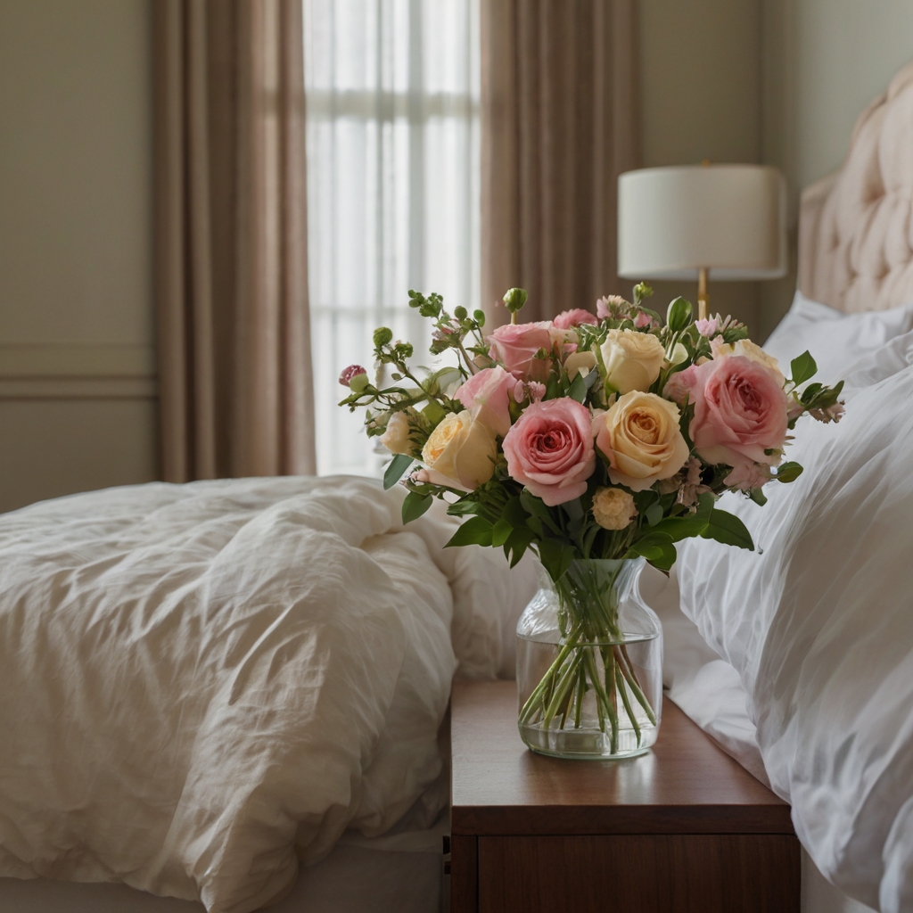 A fresh, vibrant bouquet of flowers placed on a bedside table, adding elegance and a romantic feel to the room.