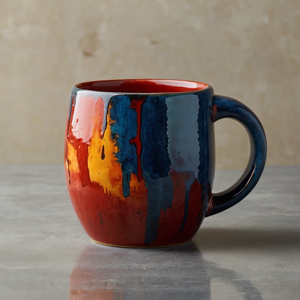 A vibrant ceramic mug featuring bold, textured paint splashes and geometric patterns in contrasting colors, reflecting light with a glossy finish.