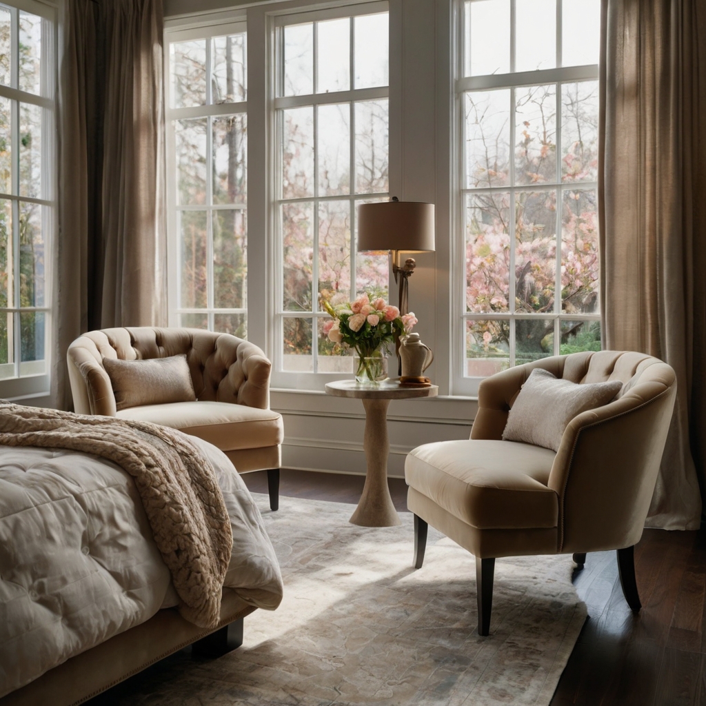 Pair of accent chairs with luxurious fabrics like velvet, positioned near a window or small table for a cozy corner.