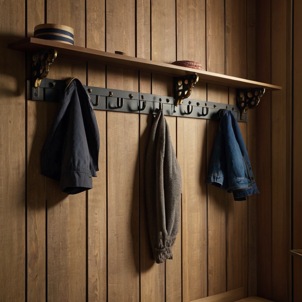 A stylish mudroom with decorative hooks in varying materials like brass and wood. Soft lighting highlights the hooks, adding a touch of personality.