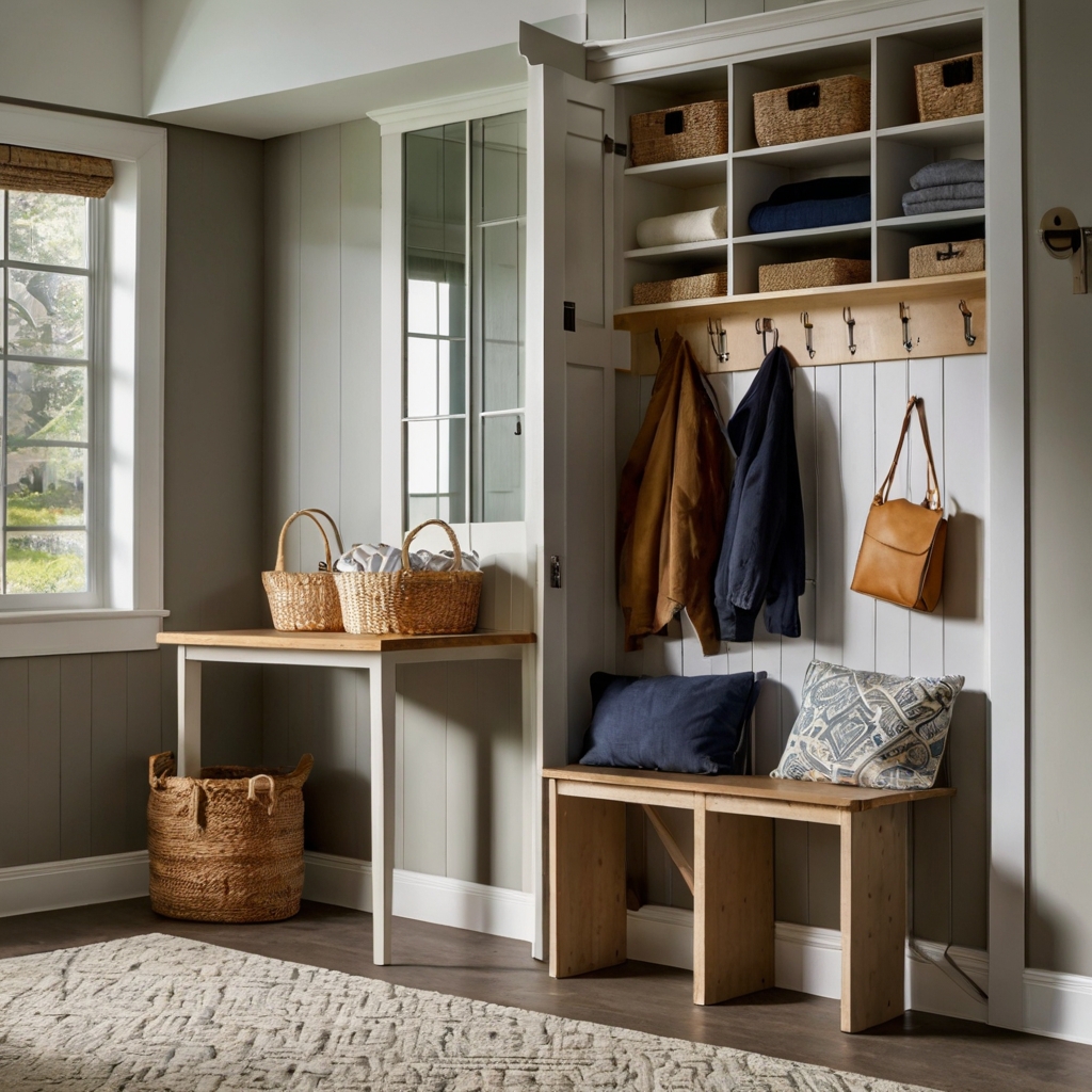 A mudroom with a fold-down wall-mounted table for sorting mail and folding laundry. Bright overhead light highlights the table’s functionality and space-saving design.