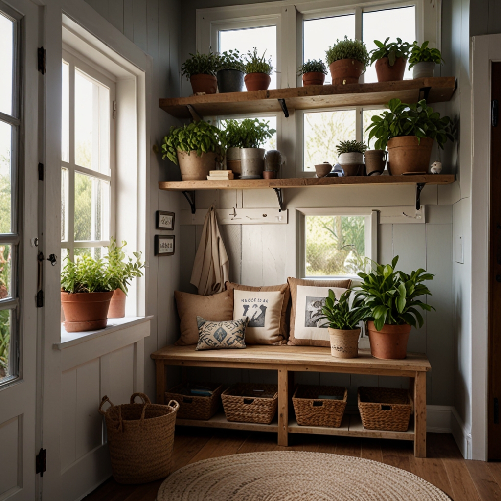 A mudroom with open wooden shelves displaying plants and décor. Soft light creates a warm and inviting atmosphere while showcasing the storage space.