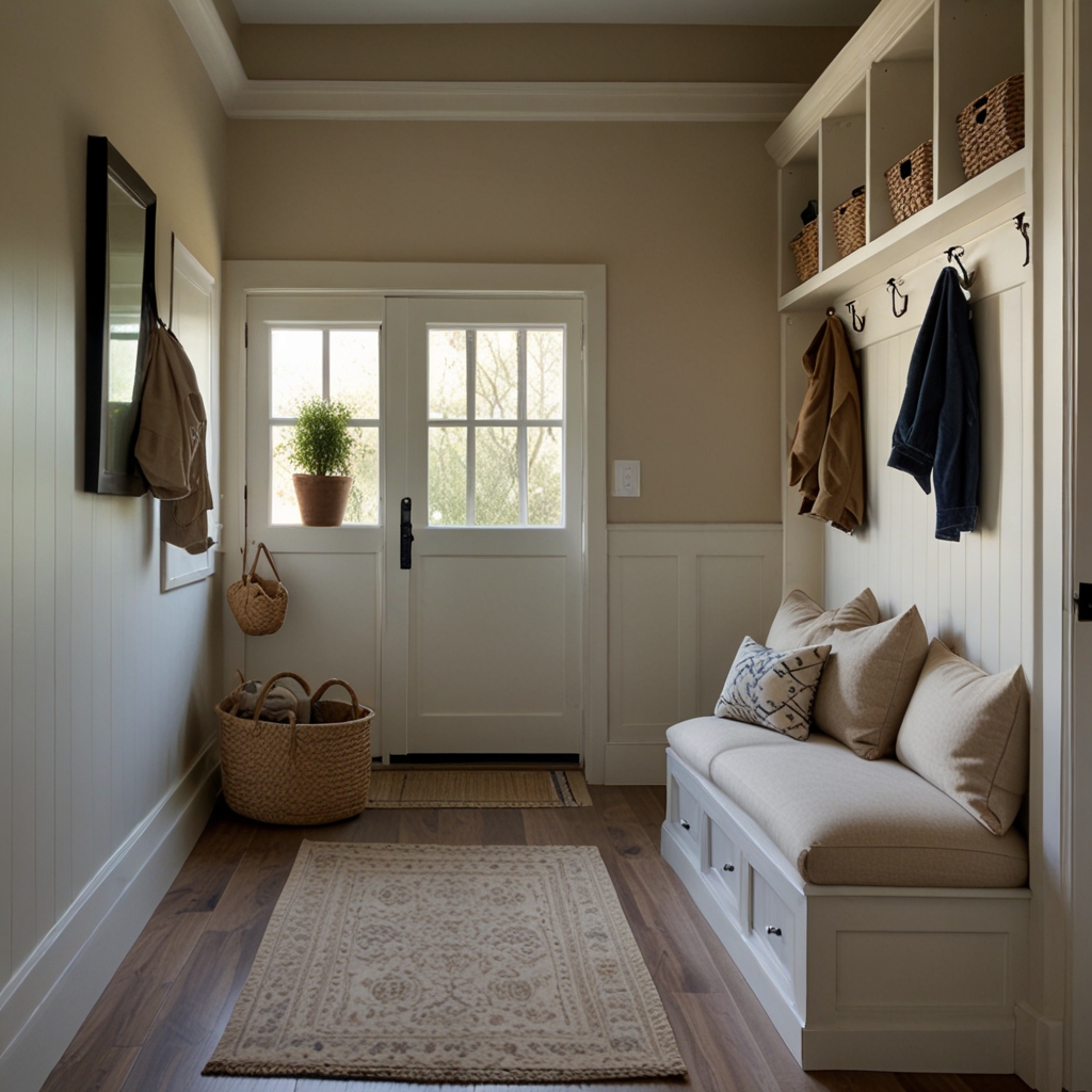 A mudroom with a cushioned bench featuring pull-out drawers for storage. Soft, natural lighting and a clean design create a welcoming, functional area.