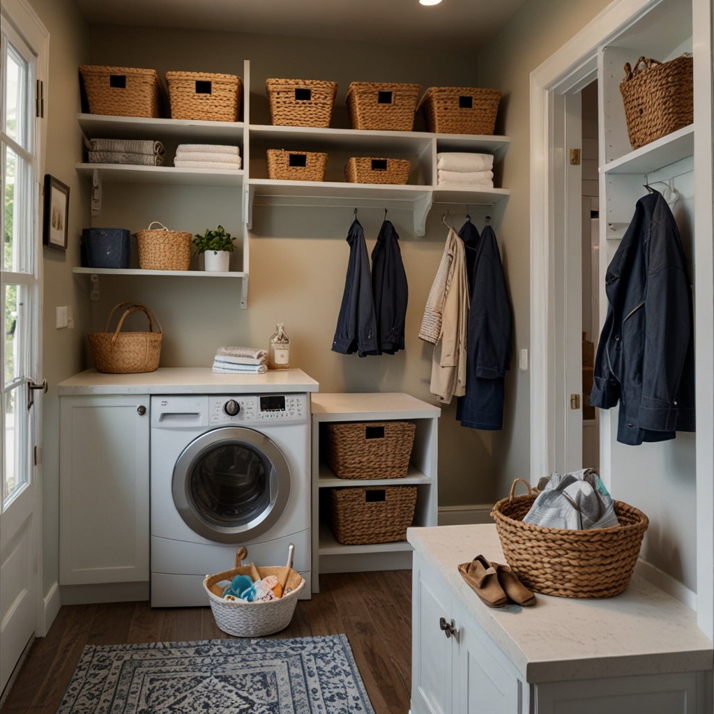 A compact mudroom with a stacked washer/dryer and built-in hampers. Bright, efficient lighting ensures the space is practical and organized.