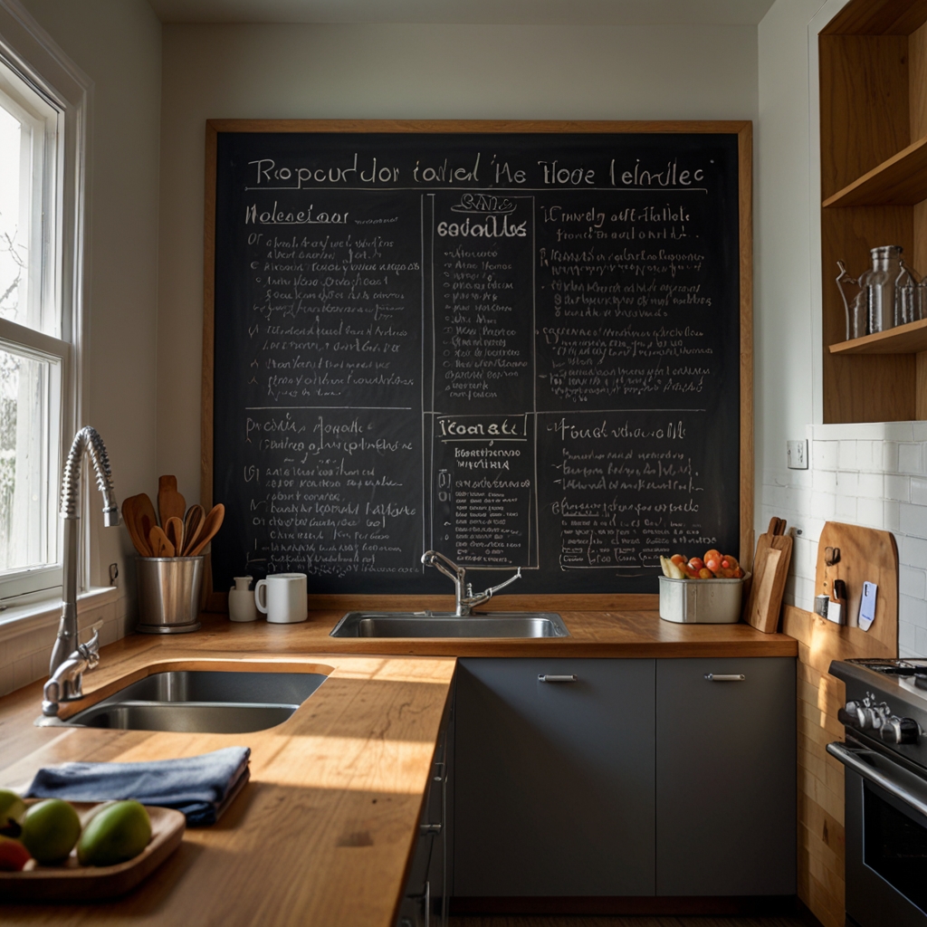 A chalkboard wall covered with recipes and reminders adds personality. Perfect for writing messages in a welcoming, family-friendly kitchen.