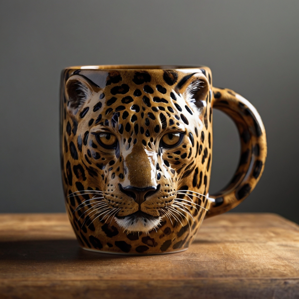 Realistic ceramic mug with a bold, earthy leopard print design, reflecting natural light with a glossy finish.