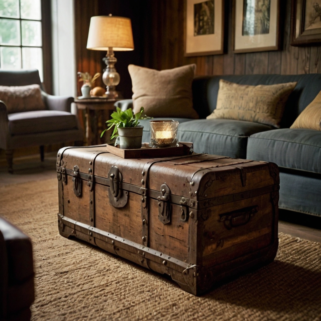 Vintage antique trunk with weathered charm, serving as a storage piece or coffee table in rustic or retro-inspired rooms.