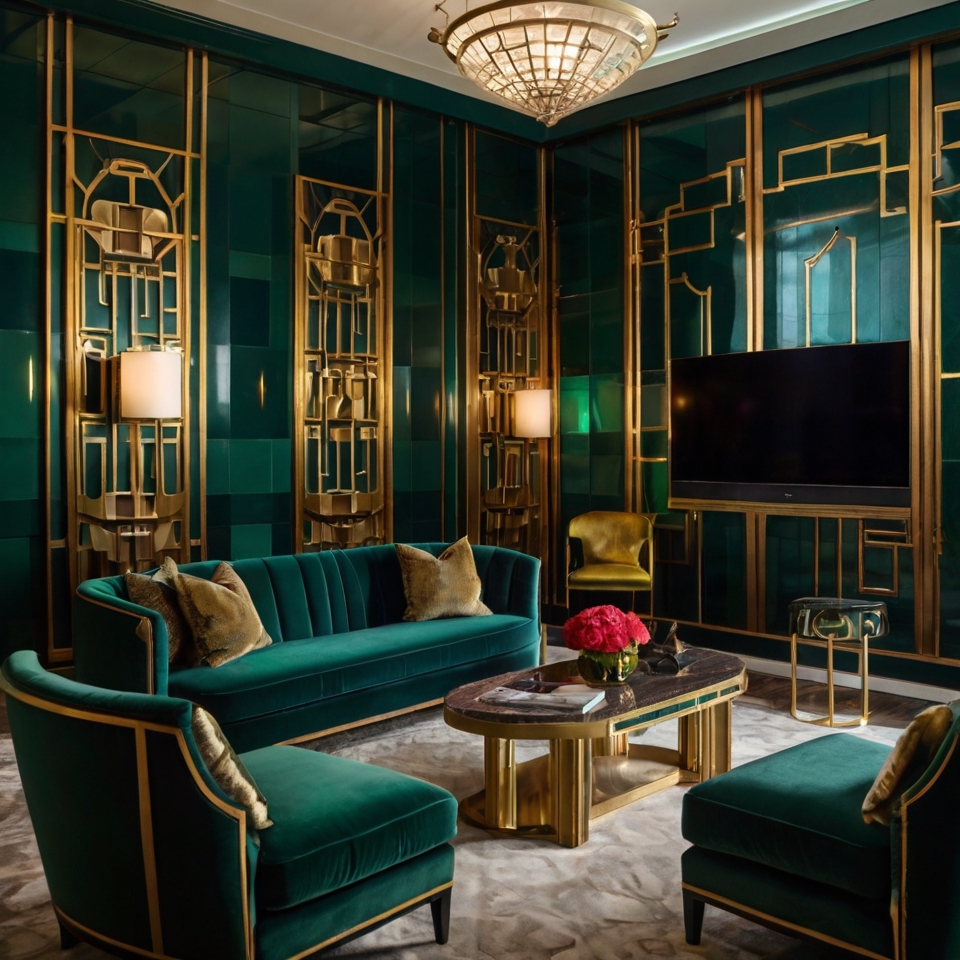 Art deco TV room with geometric wallpaper, metallic accents, and jewel tones. Elegant lighting and plush seating add a retro touch.