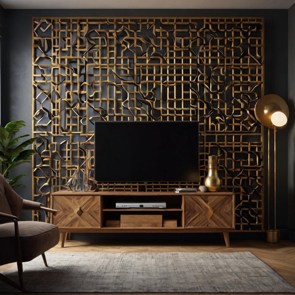 A TV unit with an artistic backdrop, featuring geometric or 3D panel designs. Adds a bold visual element that turns the TV area into a statement feature.