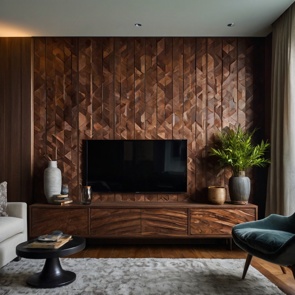 A TV wall unit set against a textured wood or patterned backdrop, turning the TV area into a focal point. A creative way to elevate the style of your living space.