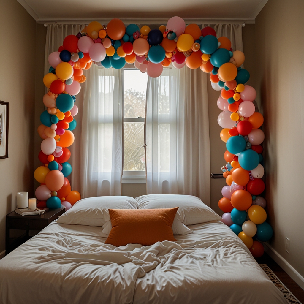 A colorful balloon garland draped across the bed or door, bringing playful energy and joy to the romantic room.