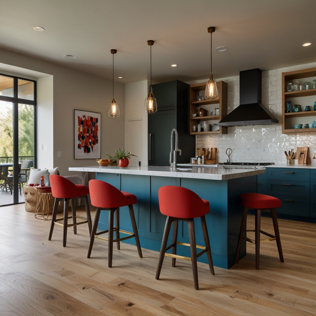 Boldly colored bar stools near a kitchen island add fun and energy. Unique colors make the kitchen space more lively.