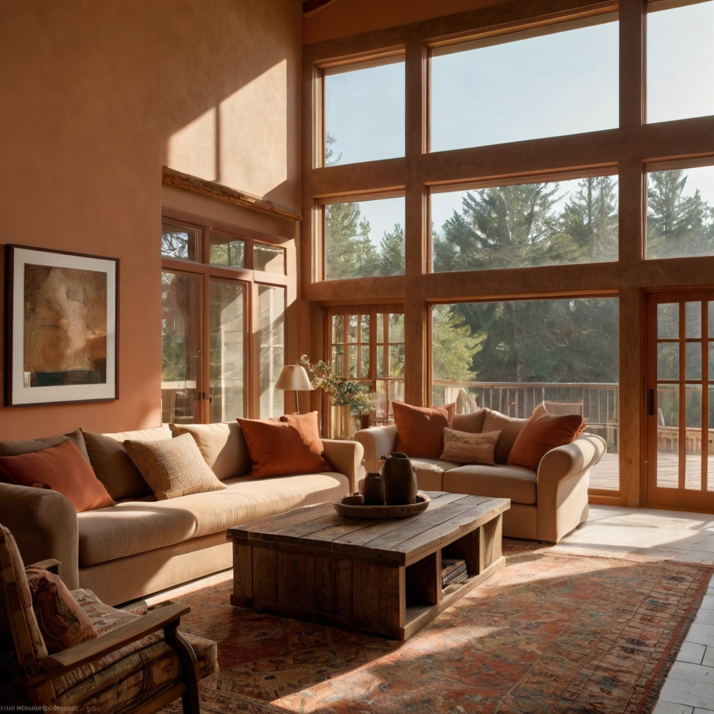 Beige walls with warm terracotta trims bring a Mediterranean charm to interiors. The earthy tones create a cozy and inviting space, perfect for sunlit living areas.