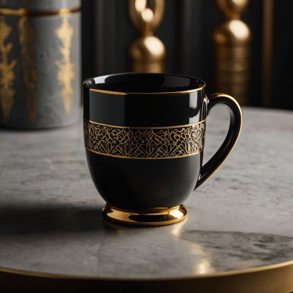 Elegant black ceramic mug with gold accents forming intricate patterns, under soft lighting to highlight its luxurious details.