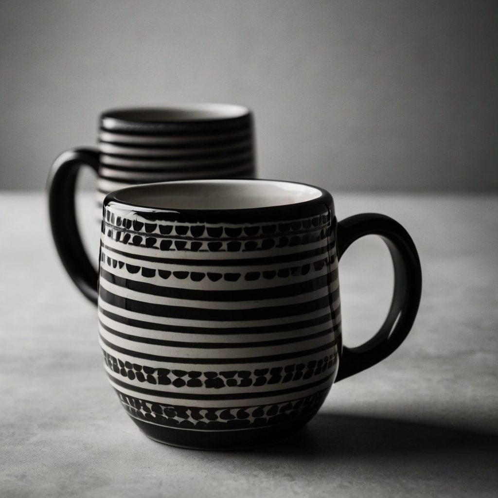 Classic black and white mug with sharp patterns like stripes or polka dots, glossy finish reflecting light for a clean, sophisticated look.