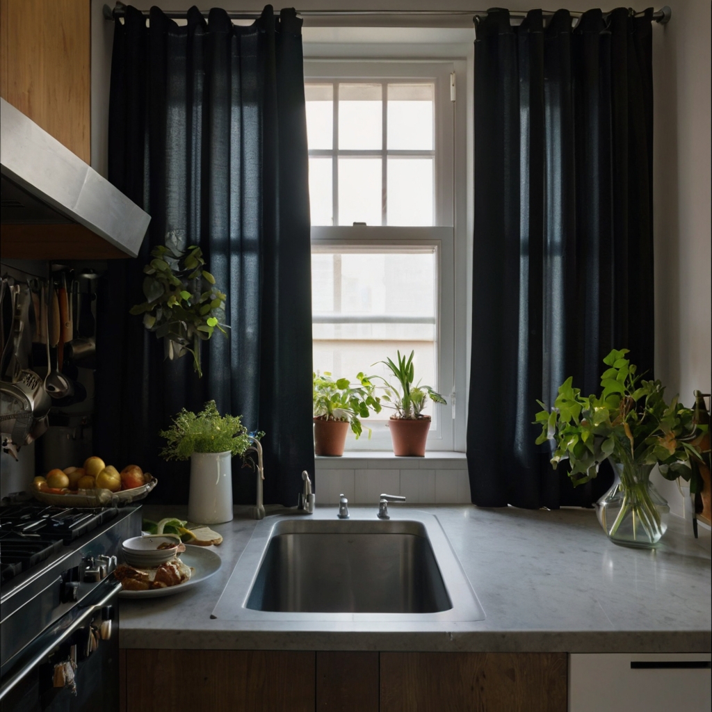 Control light and create privacy with thick blackout curtains above your kitchen sink. These curtains offer both function and style.