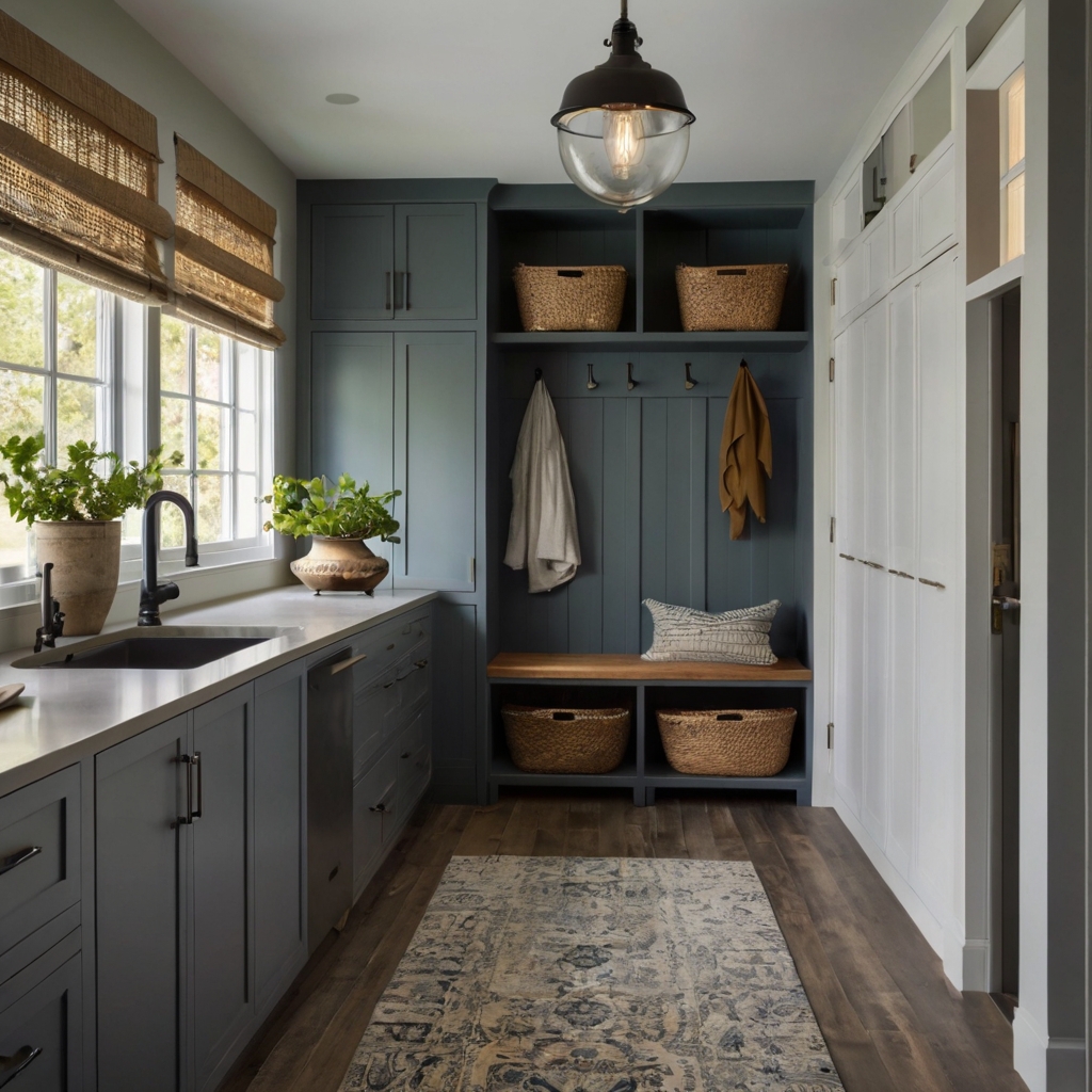 A mudroom seamlessly blending with an open kitchen or laundry room. Consistent lighting and materials create a cohesive, multi-functional space.