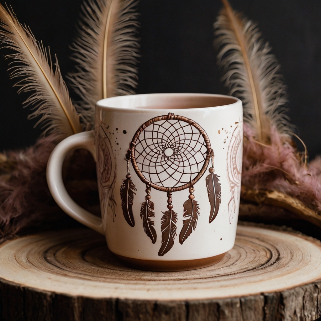 Boho-inspired ceramic mug with dreamcatchers and feathers, earthy colors highlighted by soft natural light on its matte surface.