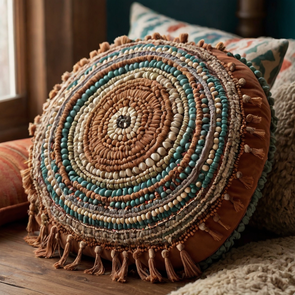 Add a touch of glamour with beaded fringe on a boho floor pillow. Ideal for a stylish, free-spirited atmosphere in your living space.