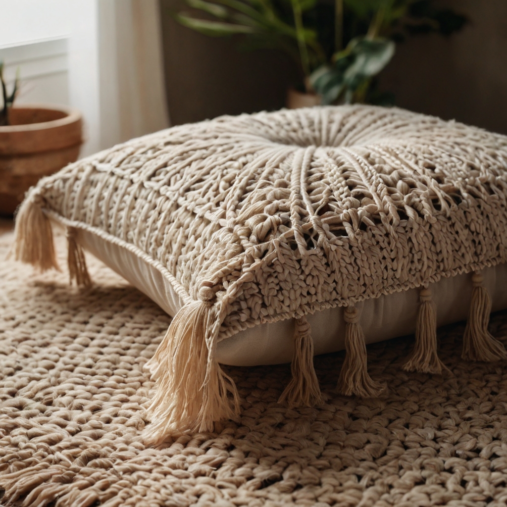 Incorporate intricate macrame patterns with your floor pillow for a chic bohemian look. Ideal for adding texture and artistry to your space.