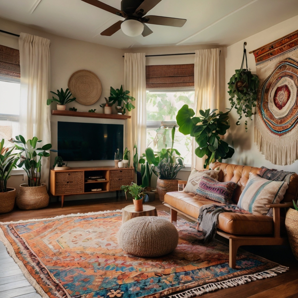 A bohemian TV room with layered rugs, macrame wall hangings, and colorful pillows. Natural lighting and hanging plants complete the relaxed look.