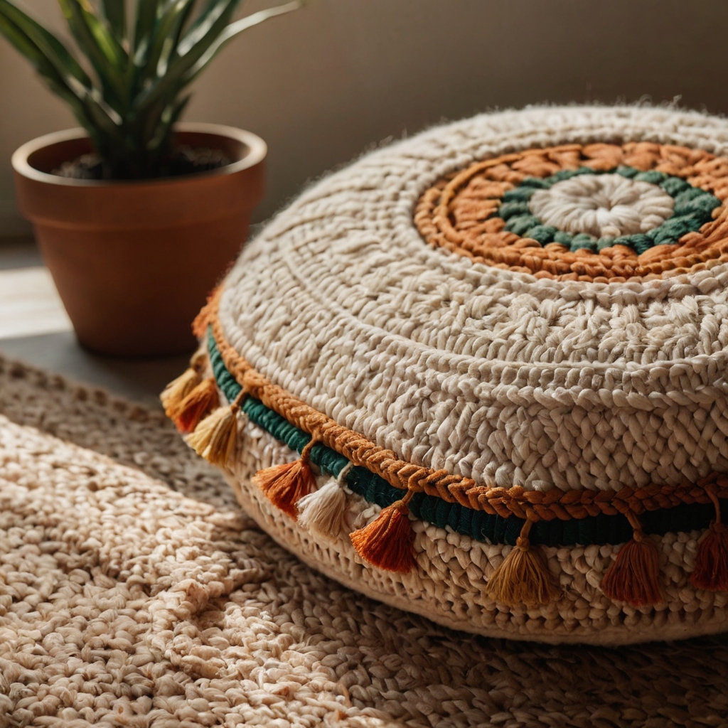 Create a cozy, boho-inspired pillow using earthy tones and woven materials for a relaxed vibe. Perfect for adding warmth and character to your living space.